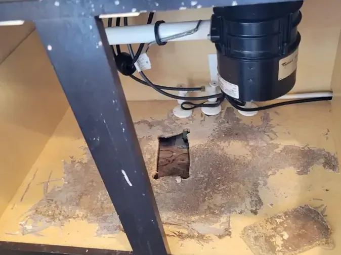 Sink cabinet floor ruined by water, with an access hole cut below the plumbing