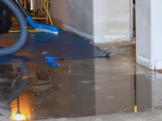 Extraction hose beside standing water along a wall after a leak