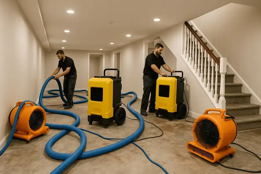 Two restoration technicians setting up air movers, dehumidifiers and extraction hoses in a home