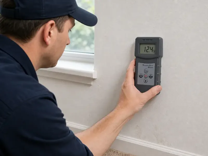 Technician holding a pinless moisture meter to a wall for the first reading of a dry-out