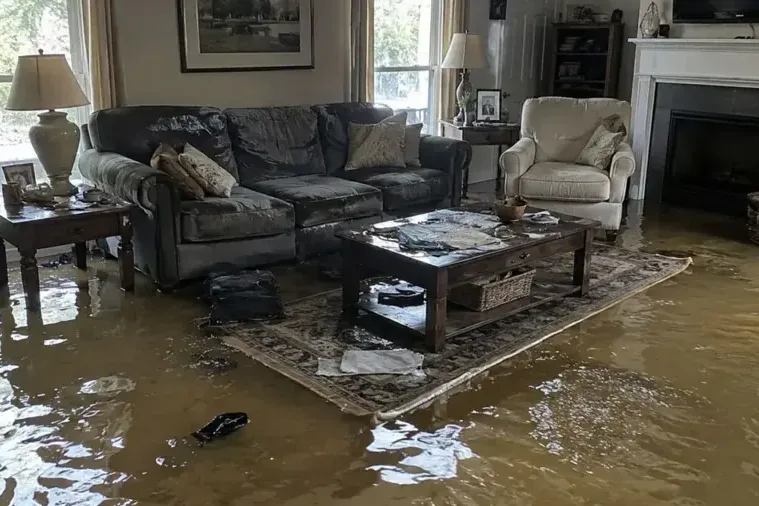Flood water covering a living room floor after a heavy storm