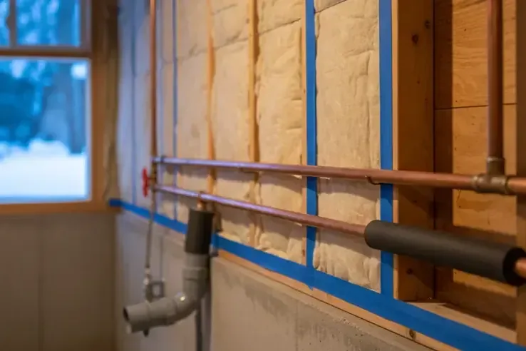 Copper water pipes along an insulated exterior wall, where a pipe can freeze and split in a hard freeze