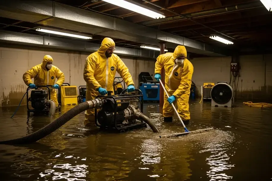 Crew in yellow protective suits pumping contaminated water from a flooded room
